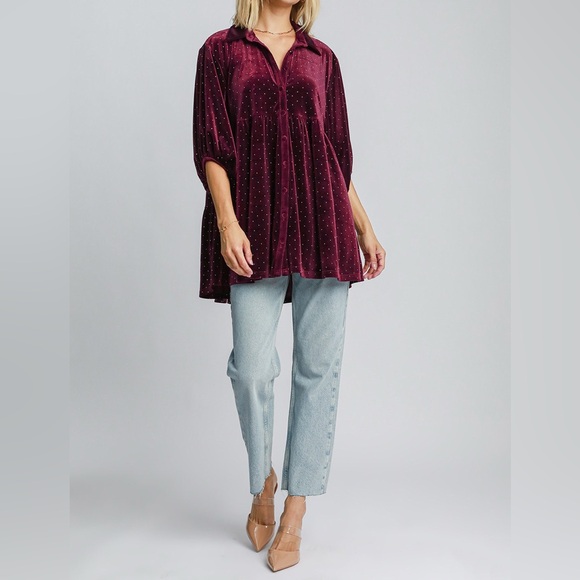 NWT Umgee PLUS + REG Size Red Polka Dot Button Down Babydoll Style Shirt Top - Picture 6 of 6